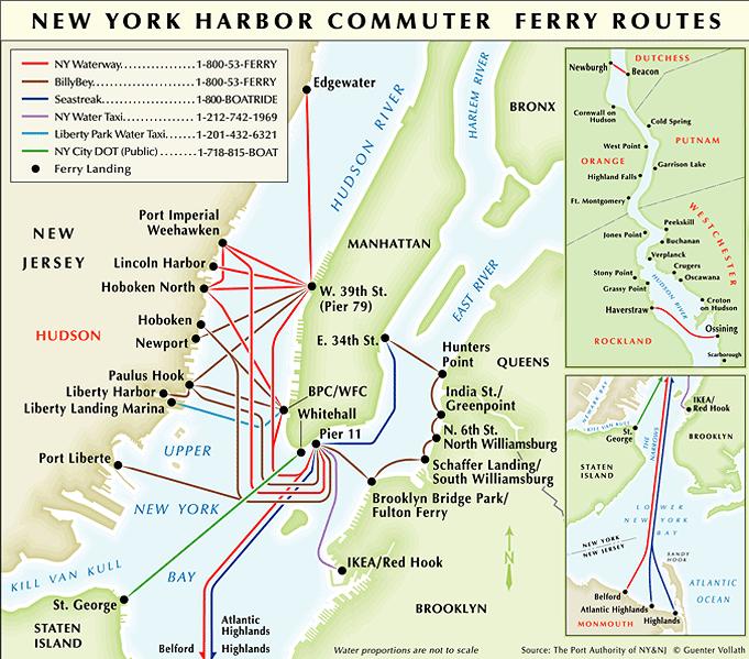 Mapa y plano de ferry de Nueva York estaciones y lineas